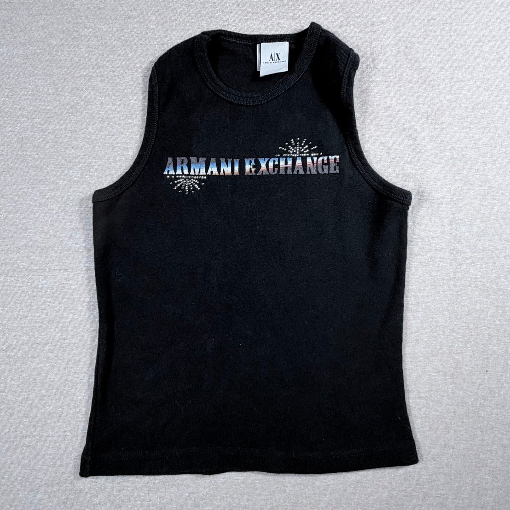 Vintage Armani Exchange Black Rhinestone Logo Tank Top Y2K USA Made Small Grunge